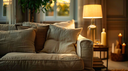 Fototapeta premium Close-up of a cozy sofa with a blanket and soft sunlight. The concept of calm, comfort.