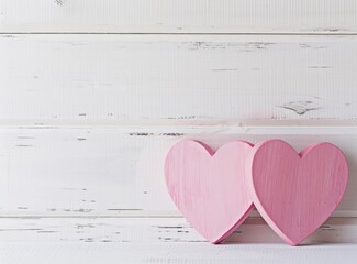 Two pink wooden hearts on a white wooden background