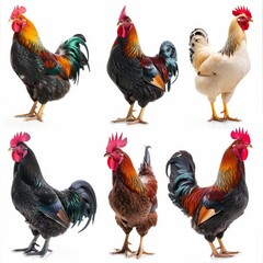 Fototapeta premium Color hens, different hens and roosters set isolated, chickens on white background