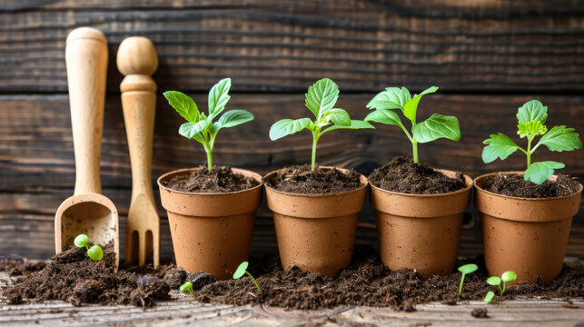row of terracotta pots with young plants on wooden table