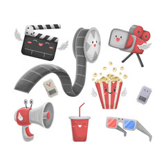 Cute Cinema Movie Ornament Hand Drawn Illustration Set Isolated on White Background