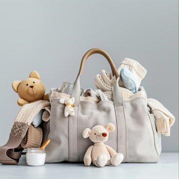 Mother bag with baby stuff, soft bag with children warm clothes and knitted toys on light background