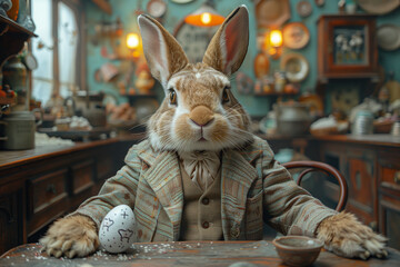 strange wondrous hare or rabbit.  male hare or rabbit or bunny in a festive costume  is sitting at the kitchen table
