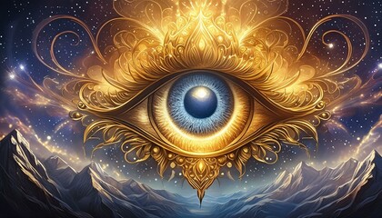 golden eye in galaxy, third eye, spiritual magic
