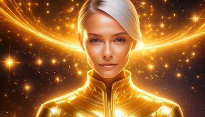 blonde beautiful young woman in golden suit in front of shining golden background