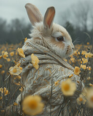 Rabbit or bunny in a nice warm sweater and on a natural background in a meadow with flowers. Bunny for Easter designs and decorations. Easter Bunny. Symbol of Easter day.