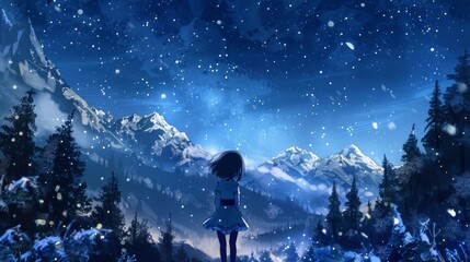 a girl looking at stars at night and starry sky, flying snowflakes, mountains and forests in the background