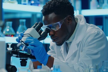 Afroamerican Male Scientist Using Microscope, Analyzes Petri Dish Sample. Big Pharmaceutical Lab with Specialists Conducting Research, Developing New Drugs.