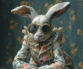 strange wondrous hare or rabbit.  male hare or rabbit or bunny in a festive  light costume and glasses