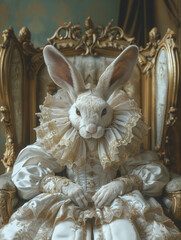 strange wondrous hare or rabbit. rabbit woman in a beautiful light festive dress is sitting on a  royal chair. Bunny for Easter designs and decorations. Easter Bunny