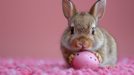 Bunny with Easter eggs on a pink background. Bunny for Easter designs and decorations. Fluffy baby rabbit. Easter Bunny. Symbol of Easter day. Copy space