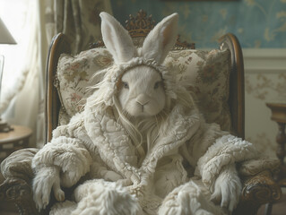 strange wondrous hare or rabbit. male hare or rabbit or bunny in a dressing gown sits on a large luxurious chair. 