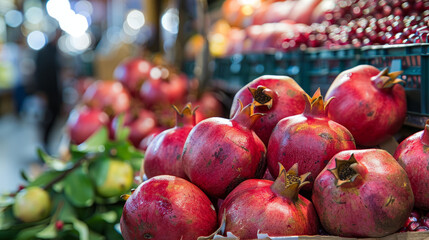 Fresh pomegranates at a winter market in Tel Aviv, Israel. The pomegranates are ripe and juicy, and are ready to be squeezed for fresh juice.