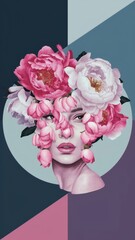 Surreal art poster featuring a female portrait adorned with peonies, ideal for creating a modern ambiance in living rooms.