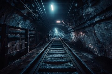 Naklejka premium Empty tunnel, post-apocalyptic shelter, rails going into darkness conveyor belt in underground coal mine