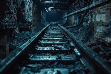 Naklejka premium Empty tunnel, post-apocalyptic shelter, rails going into darkness conveyor belt in underground coal mine