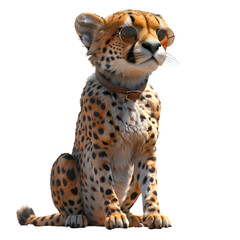 A 3D animated cartoon render of an alert cheetah guarding a group of tourists.