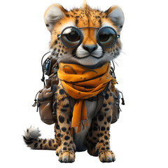 A 3D animated cartoon render of a brave cheetah protecting a group of hikers.