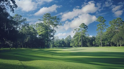 A private golf course on the grounds of an upscale sports club provides a picturesque backdrop for an afternoon of tee time.