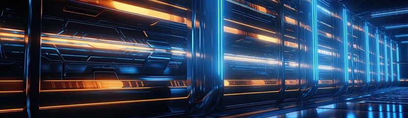 Obraz premium Futuristic Server Room Bathed in the Glow of Orange and Blue Hues