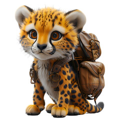 A 3D animated cartoon render of a courageous cheetah shielding a group of travelers.