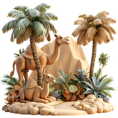 A joyful 3D cartoon render of a smiling camel showing the path to an oasis.