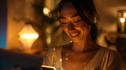 Beautiful woman with a phone in her hands in a room with soft warm light. A smiling woman is texting using a mobile phone in the dark.
