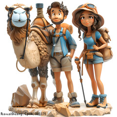 A curious 3D cartoon render of hikers looking at a camel.