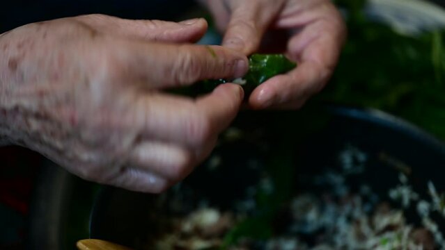 Preparation of rice, minced meat and kale leaves in a Turkish meal called: sarma, dolma