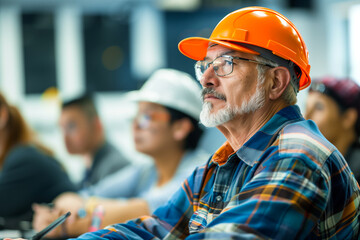 Senior Construction Worker Attending Safety Training. A focused senior construction worker with a hard hat participates in a safety training class among diverse colleagues.
