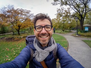 Fototapeta premium Smiling man with glasses taking a selfie in a park with autumn foliage.