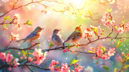 Birds Singing on Blossoming Spring Branch. Three colorful birds chirping joyfully on a branch adorned with vibrant spring blossoms under a warm, glowing sun.