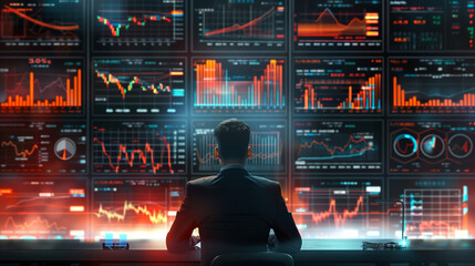 Analyzing Data on Multiple Digital Screens. A businessman attentively monitors complex data visualizations and financial charts displayed across multiple digital screens in a high-tech office.