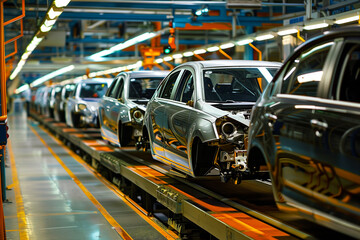 Automotive Assembly Line Producing Modern Vehicles. A dynamic view of a state-of-the-art automotive assembly line, where modern vehicles are being meticulously assembled with precision and efficiency.
