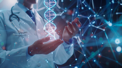 Doctor Manipulating Digital DNA Structure in Laboratory. A futuristic depiction of a medical professional  with a glowing, digital DNA helix, symbolizing cutting-edge genetic research and technology.