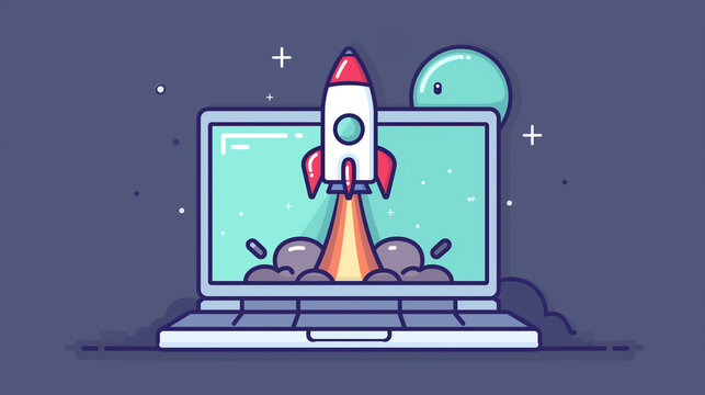 Rocket Launch Animation on Laptop Screen. Creative illustration of a cartoon rocket launching from a laptop screen, symbolizing innovation and digital progress in a playful style.