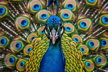Obraz premium Vibrant Peacock Displaying Colorful Plumage. Intense close-up of a peacock with a striking blue head and a vibrant, colorful plumage, showcasing nature's artistry.