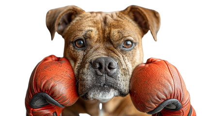 A dog wearing boxing gloves is looking at the camera