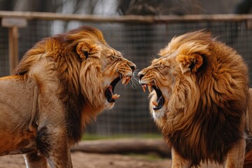 Wild Safari: A Closeup Look of Two Ferocious Lions Fighting in the Bushes with Their Majestic Mane