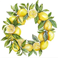 Watercolor Lemon Wreath. Citrous Chaplet of Lemon Fruit for Decoration, Artistic Illustration