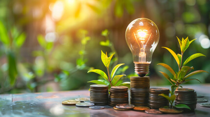 Sustainable Growth Concept with Lightbulb and Coins. Eco-friendly investment concept with a glowing light bulb growing on coin stacks, symbolizing profitable green energy solutions.