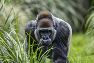 Naklejka premium Western Lowland Gorilla - Majestic Mammal of African Wildlife Walking in Lush Grass at Zoo