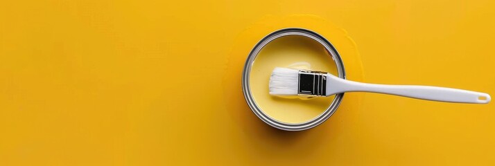 We Are The Best in Painting. Top View of Open Paint Can with Brush on Yellow Background for Wall