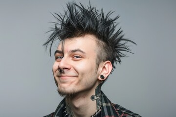 Obraz premium Unconventional Fun. Smiling Young Male with Punk Mohawk Hairdo Close Up Portrait on Gray Isolated