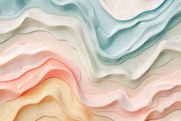 Close-up of a pastel pink, mint and yellow background with wavy shapes. Three dimensional texture.