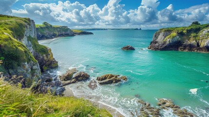 Fototapeta premium Sea at Secluded Cove on Lush Pembrokeshire Coastline with Wild Beach Waves and Serene