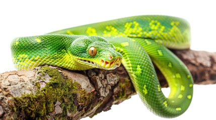 Fototapeta premium Vibrant Green Tree Python Coiled on White Background. Serpentine Creature with Dangerously