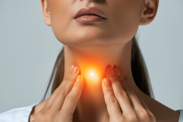 Unhealthy Goiter in Adult Woman's Neck - Medical Concept of Hyperthyroidism and Enlarged Thyroid - obrazy, fototapety, plakaty