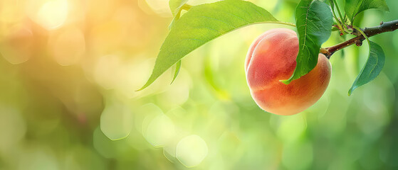 Fresh ripe peach hanging on a sunny tree branch