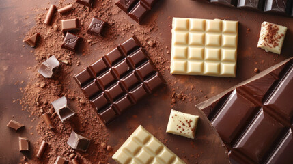 Milk and dark chocolate bars and pieces arranged on a brown surface. Grated cocoa powder sprinkled around, seen from above.